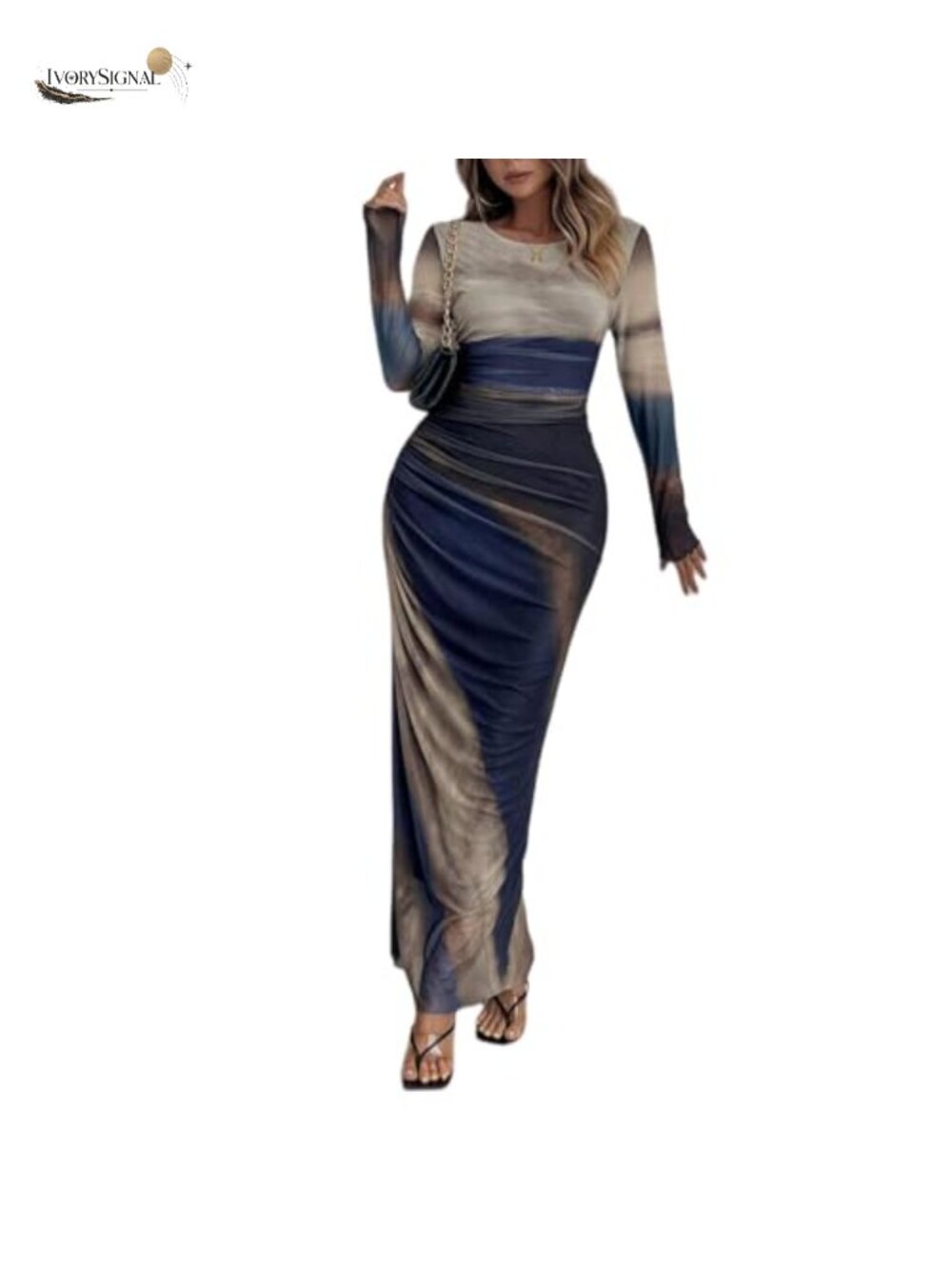 Women's Bodycon Maxi Dress Long Sleeve Mesh Ruched Tie Dye Cocktail Party